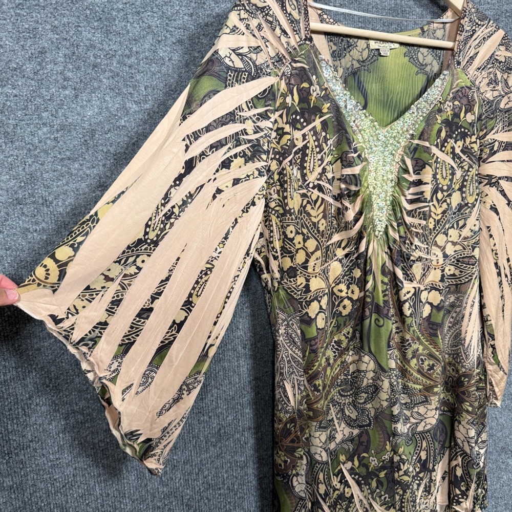 One World Live And Let Live XL Tunic Top Beige Sequined Bell Sleeves Whimsigoth - Picture 4 of 9